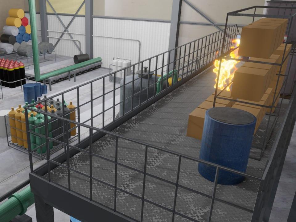 Fire visualisation showing flames beside storage racks in an industrial building.