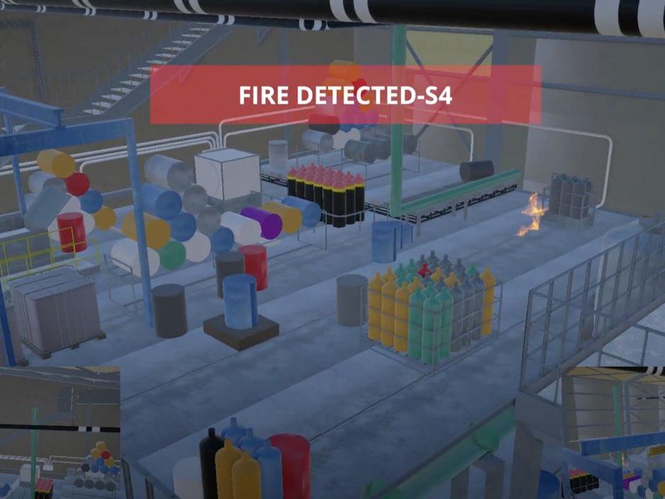 Digital twin of a plant with a fire detection alert raised on the affected zone