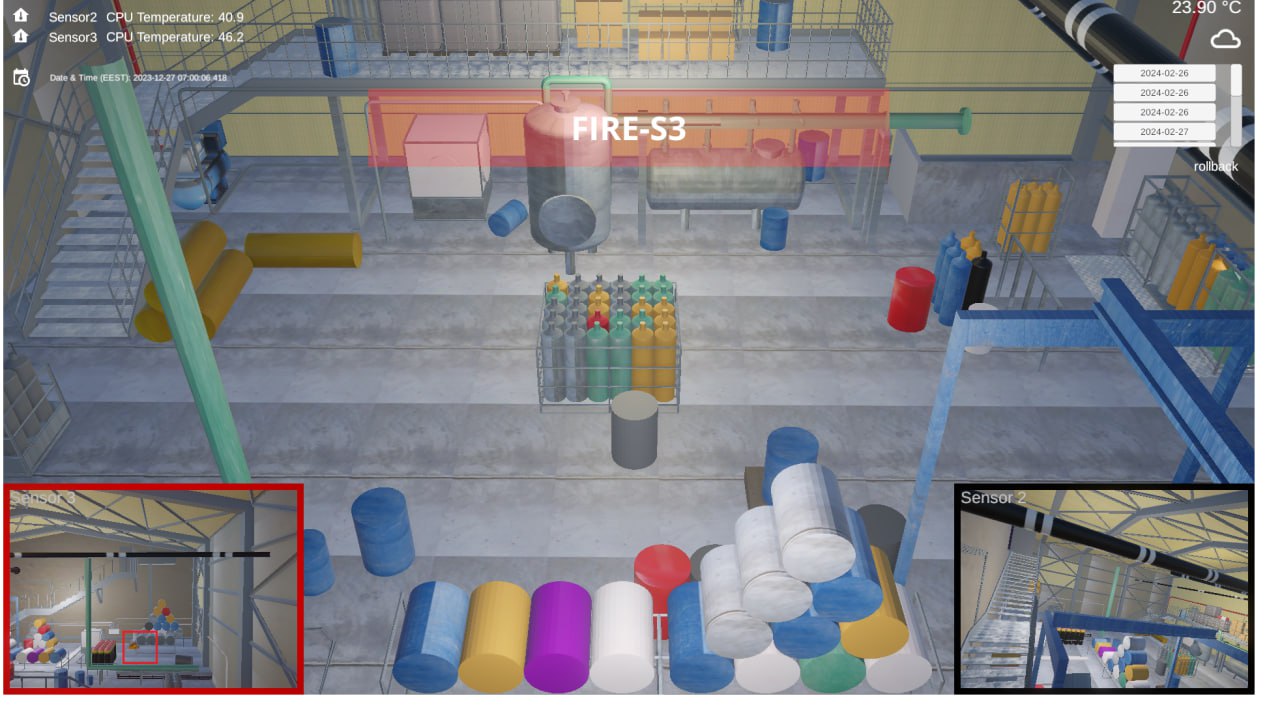 Detectium digital twin of an industrial facility showing a fire alert and two sensor camera views
